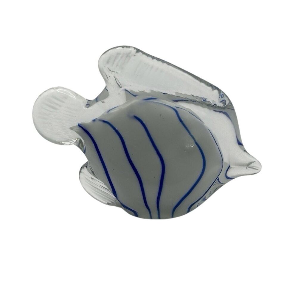 Hand Blown Glass Fish White With Blue Stripes Paperweight Decor 3.5in X 5in